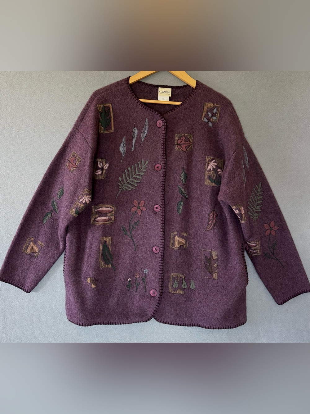 Vintage 90s Artisans Purple Botanical Cardigan Jacket USA Made XL